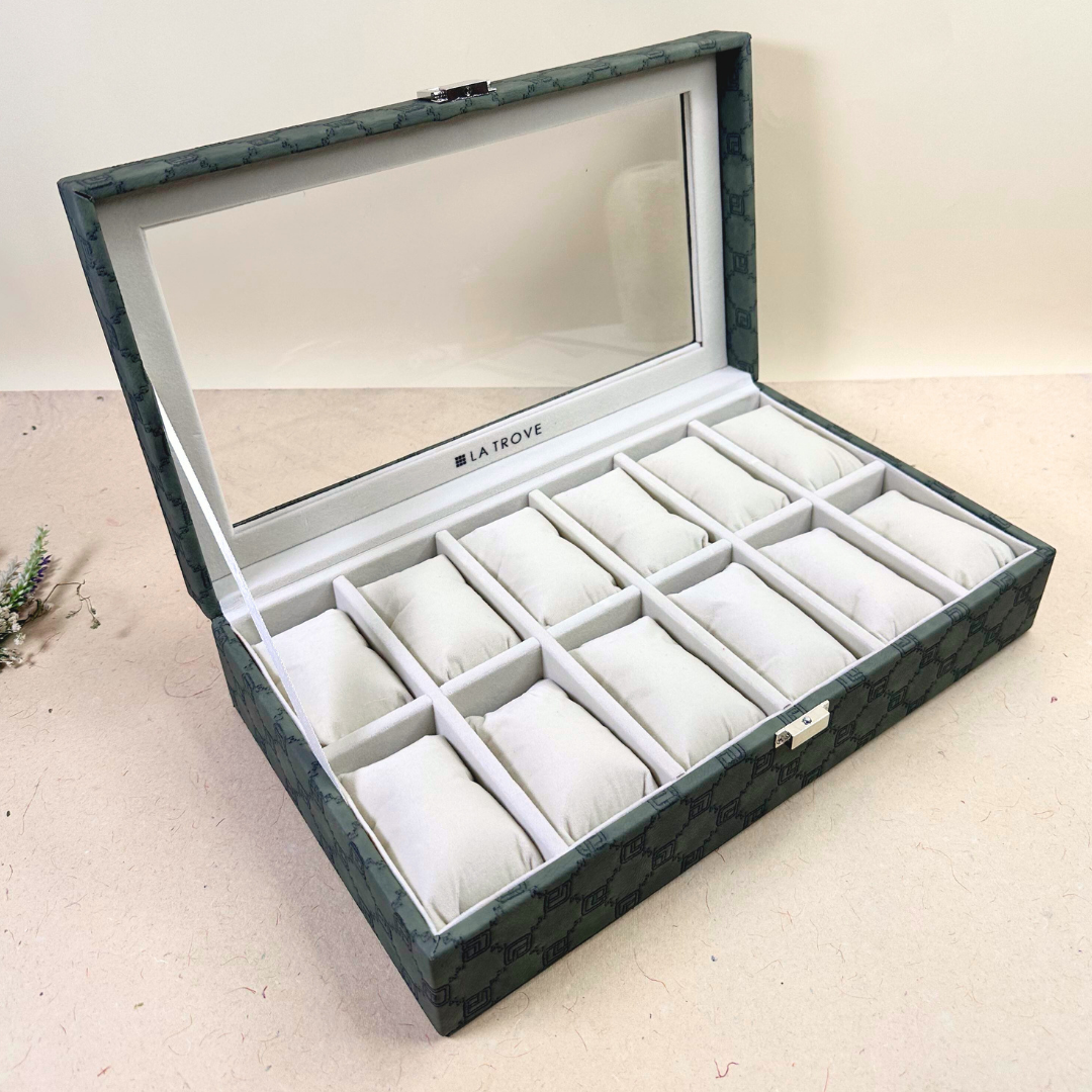Designer 12-Slot Watch Box with Glass Top